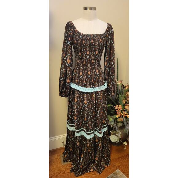 New Verandah Smocked Tiered Maxi Dress SQUARE-NECK $595 SMALL (4) Brown Motif - Picture 6 of 10